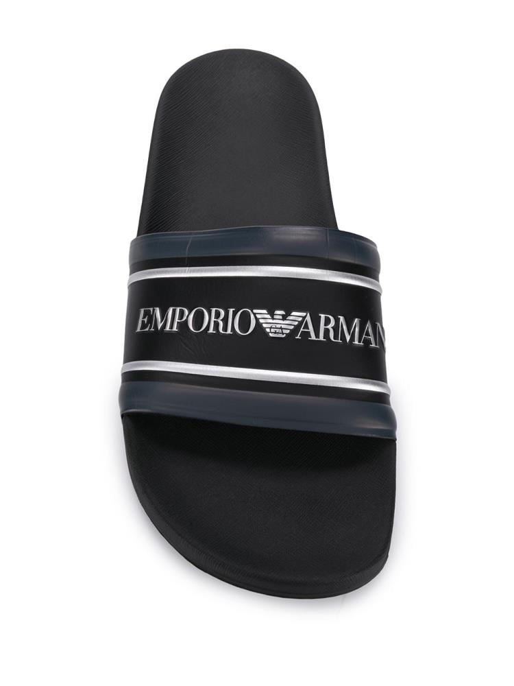 Black / Blue Men's Armani Emporio Logo Print Flat Slides | XPSOF5C