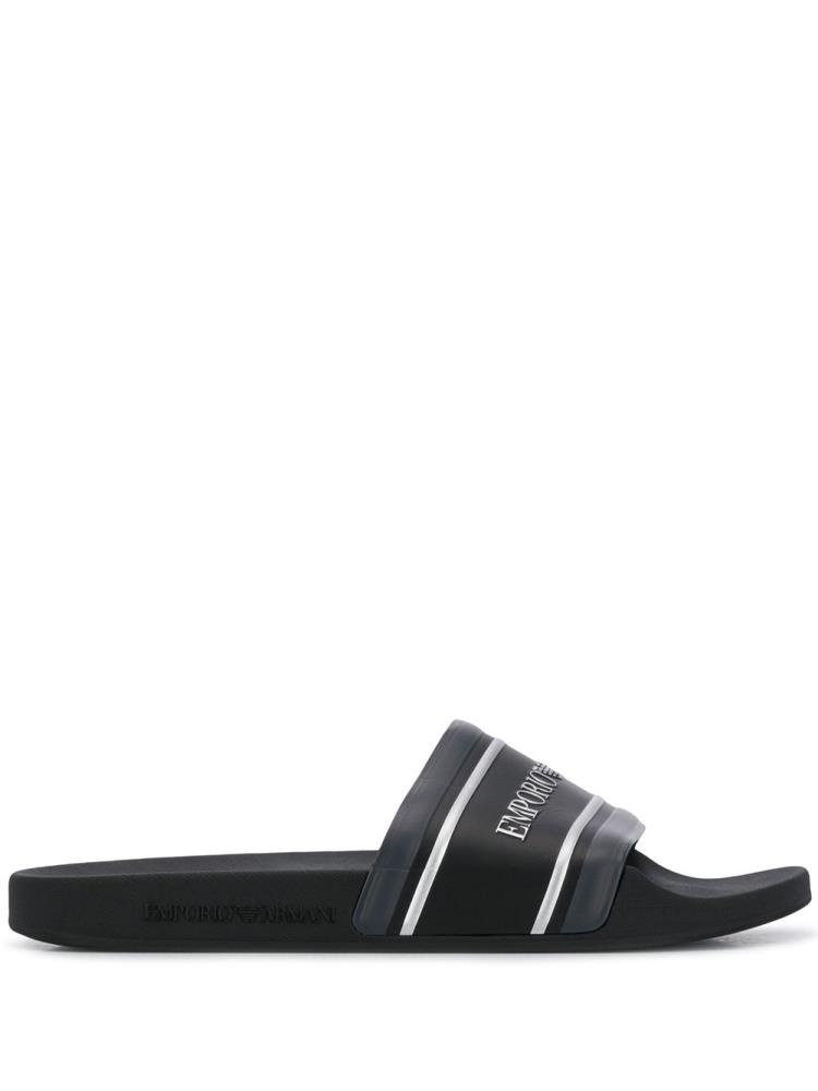 Black / Blue Men\'s Armani Emporio Logo Print Flat Slides | XPSOF5C