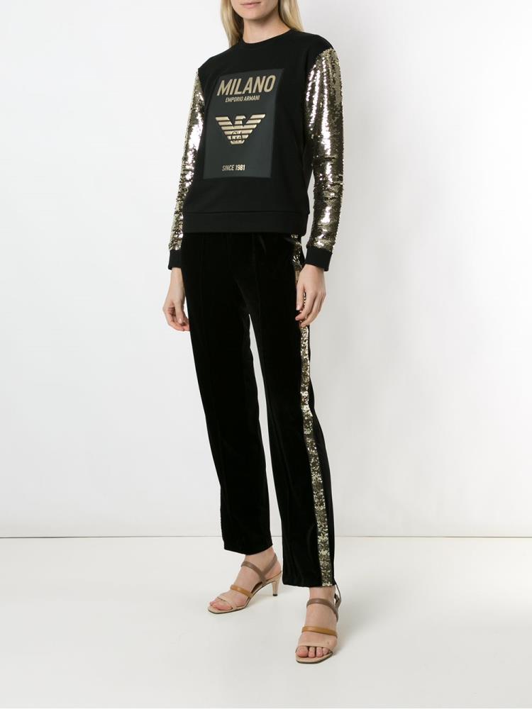 Black / Gold Women's Armani Emporio Sequinned Sleeve Cotton Sweatshirts | AIU1PJV