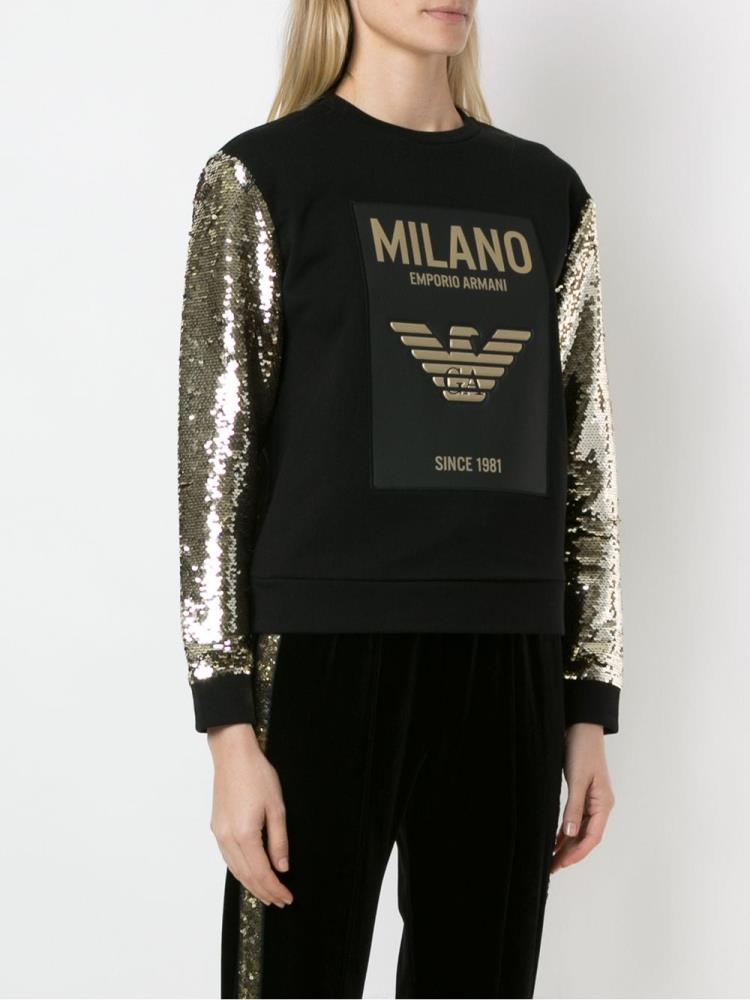 Black / Gold Women's Armani Emporio Sequinned Sleeve Cotton Sweatshirts | AIU1PJV