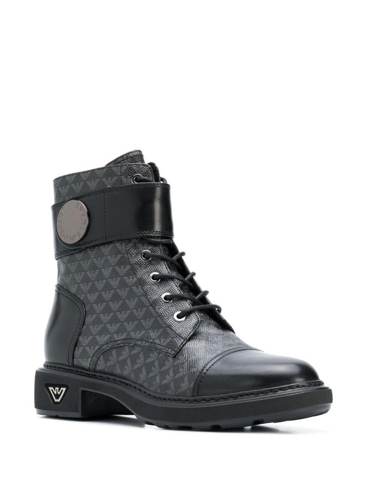 Black / Grey Women's Armani Emporio Logo Print Combat Boots | P191LIZ