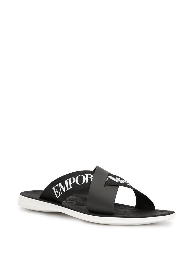 Black Men's Armani Emporio Cross Over Logo Strap Sandals | WVL72IP