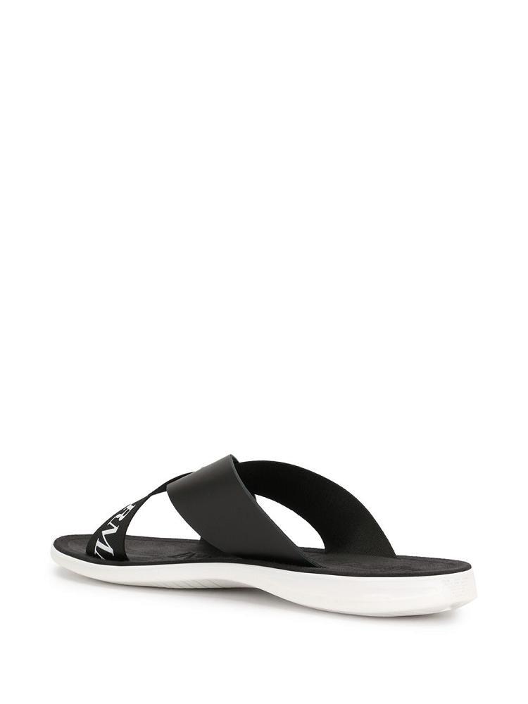 Black Men's Armani Emporio Cross Over Logo Strap Sandals | WVL72IP