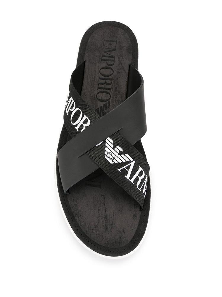 Black Men's Armani Emporio Cross Over Logo Strap Sandals | WVL72IP