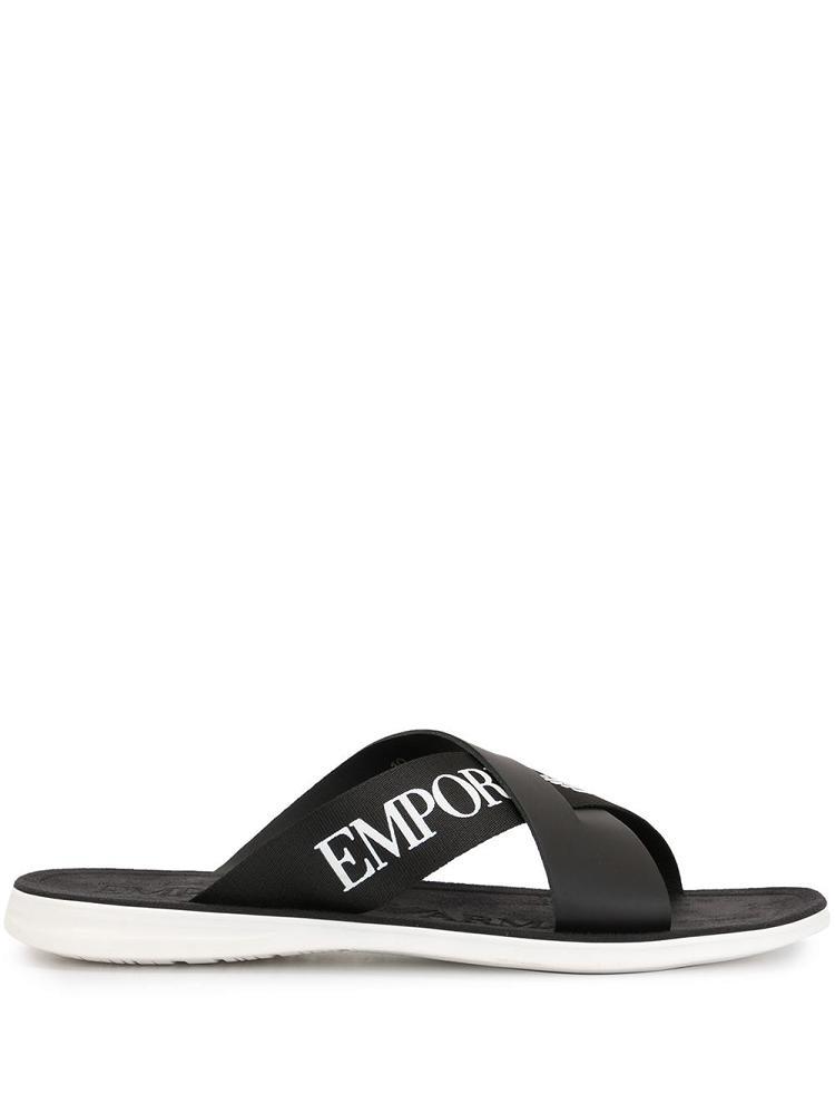 Black Men\'s Armani Emporio Cross Over Logo Strap Sandals | WVL72IP