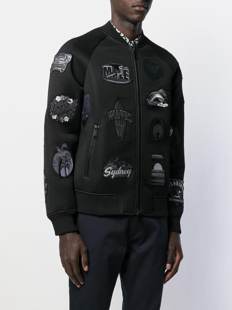 Black Men's Armani Emporio Embroidered Patch Bomber Jacket | G4ST0IO