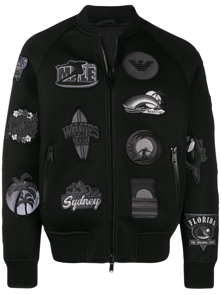 Black Men\'s Armani Emporio Embroidered Patch Bomber Jacket | G4ST0IO