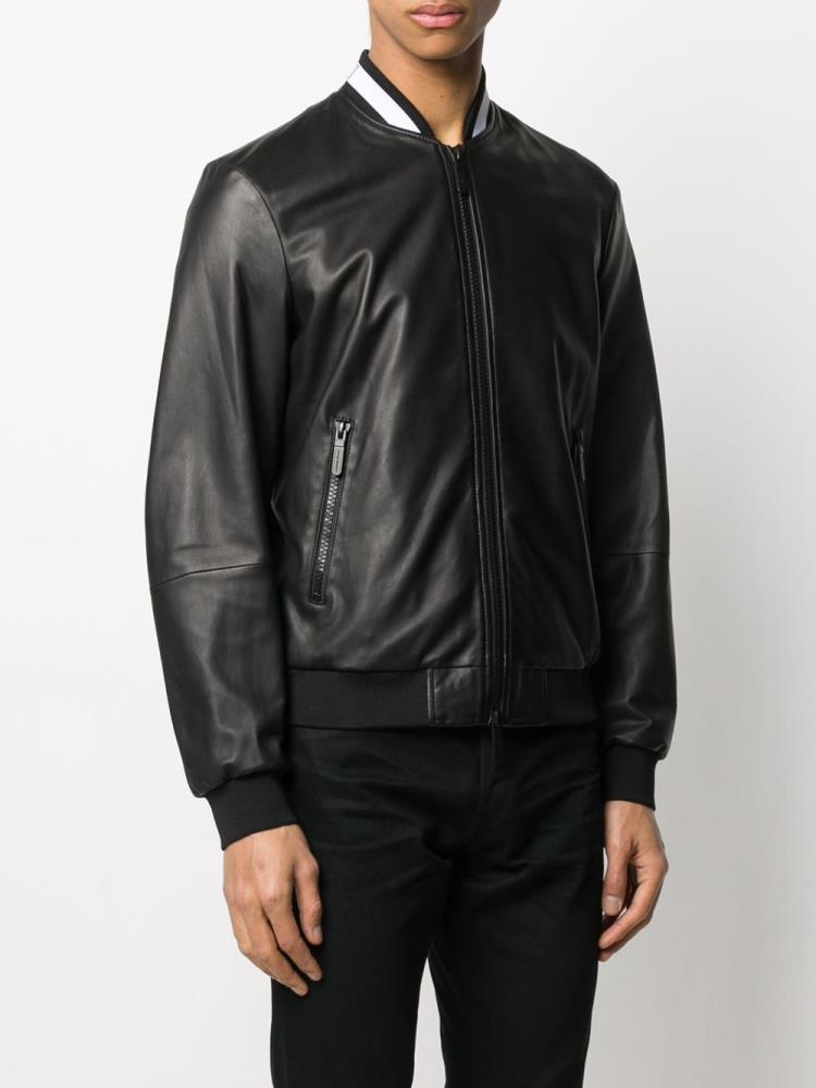 Black Men's Armani Emporio Leather Bomber Jacket | 0DEAOSA