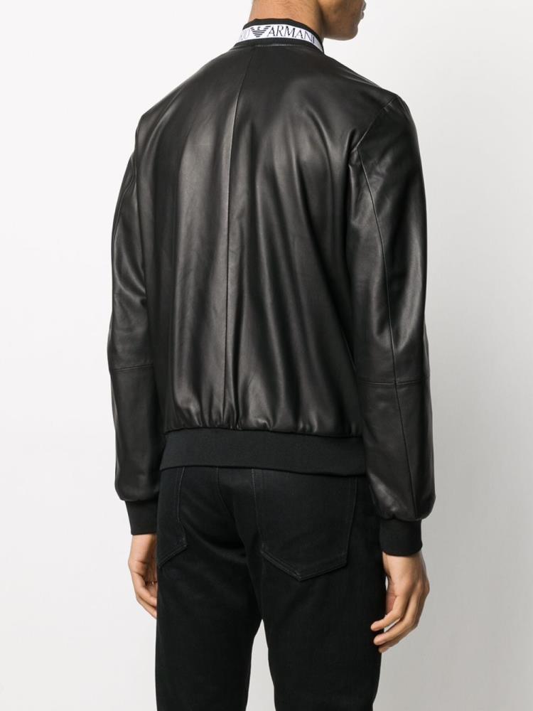 Black Men's Armani Emporio Leather Bomber Jacket | 0DEAOSA