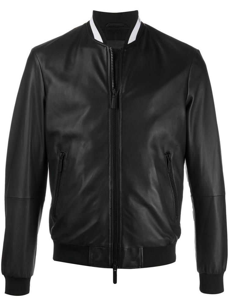 Black Men\'s Armani Emporio Leather Bomber Jacket | 0DEAOSA