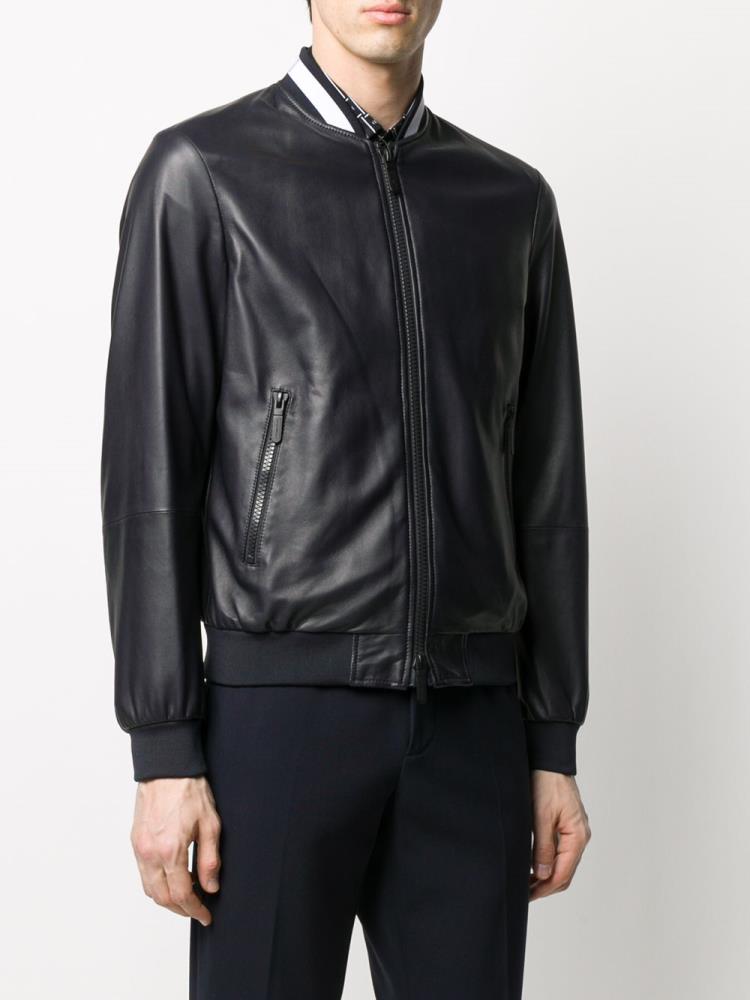 Black Men's Armani Emporio Leather Bomber Jacket | PG82AID