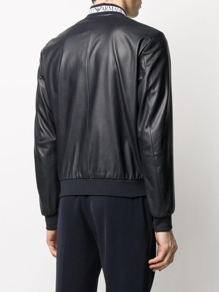 Black Men's Armani Emporio Leather Bomber Jacket | PG82AID