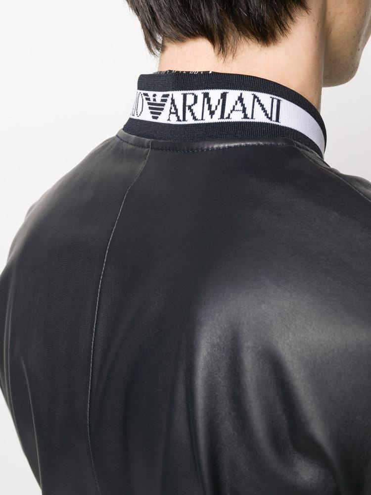 Black Men's Armani Emporio Leather Bomber Jacket | PG82AID