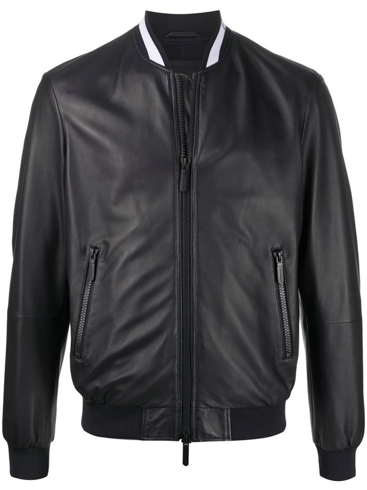 Black Men\'s Armani Emporio Leather Bomber Jacket | PG82AID