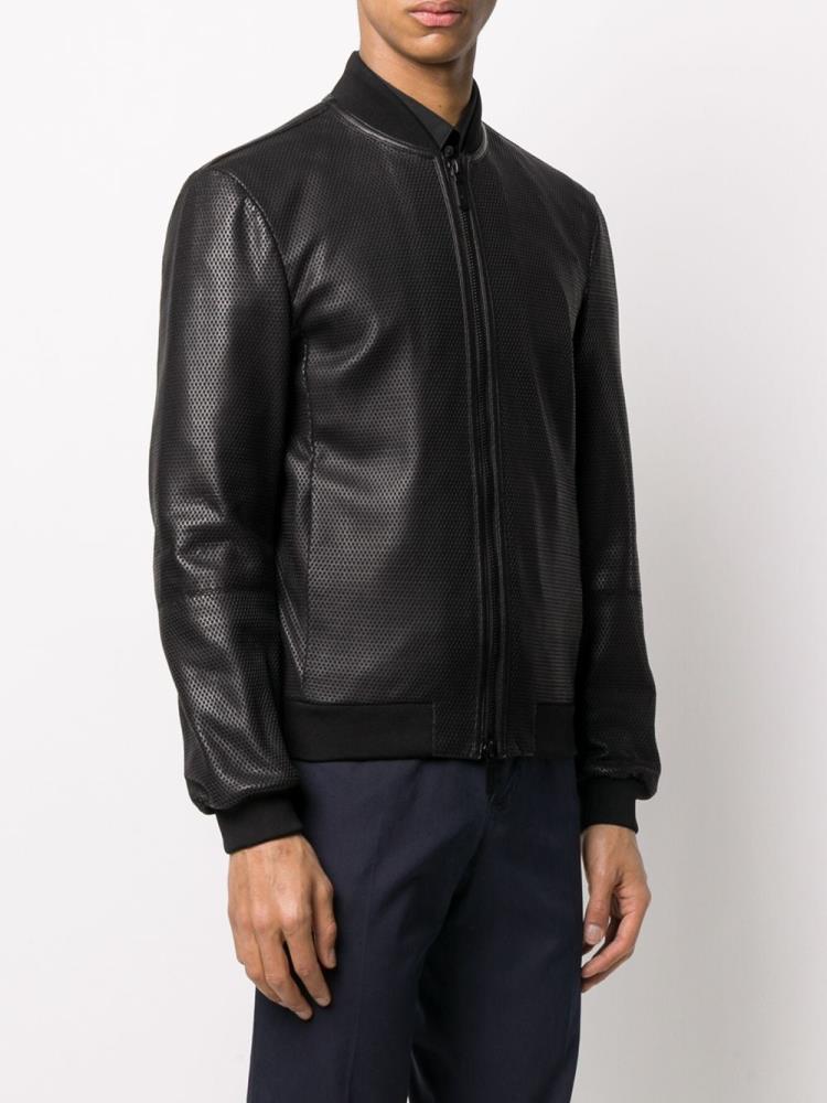 Black Men's Armani Emporio Leather Bomber Jacket | YT7DVR6