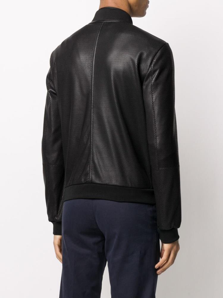 Black Men's Armani Emporio Leather Bomber Jacket | YT7DVR6