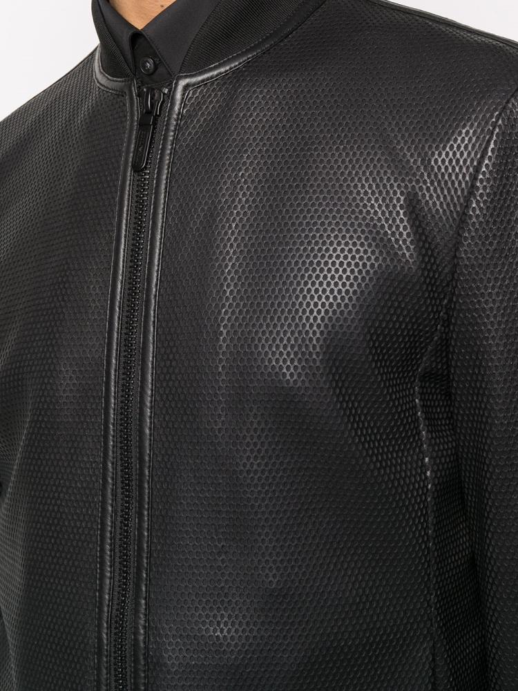 Black Men's Armani Emporio Leather Bomber Jacket | YT7DVR6