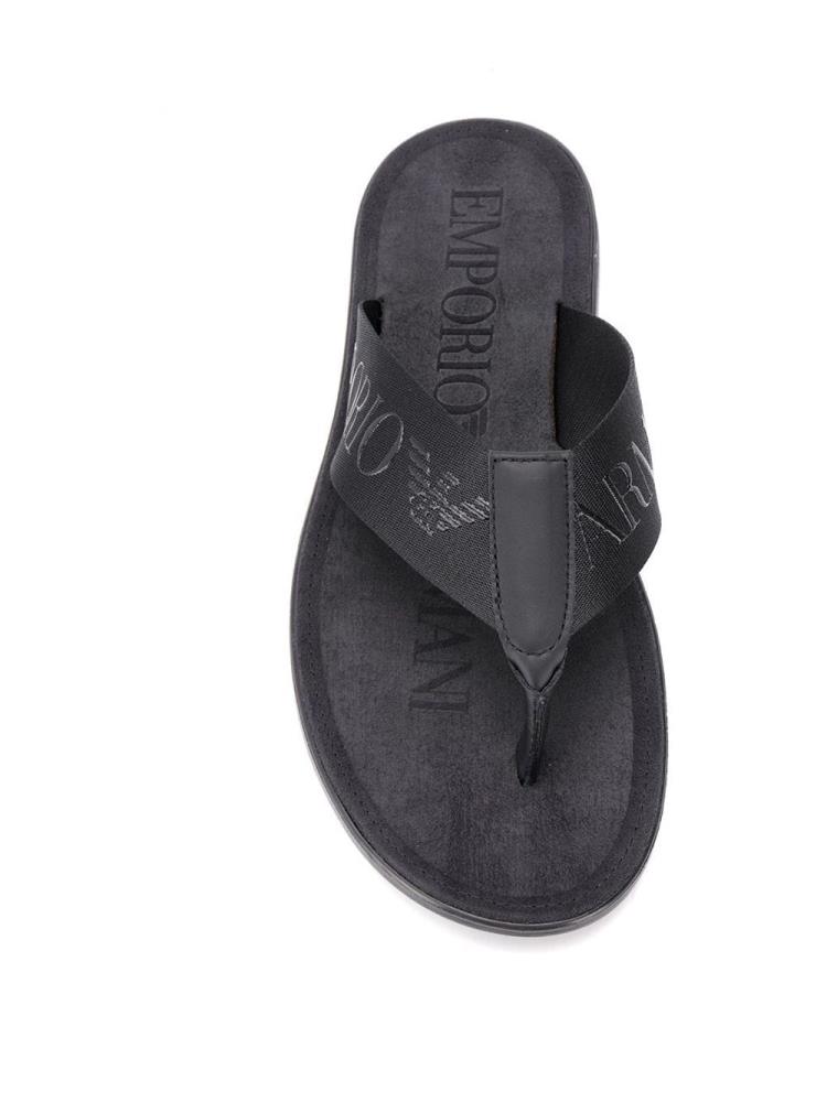 Black Men's Armani Emporio Logo Bands Flip Flops | 1DD1ESF