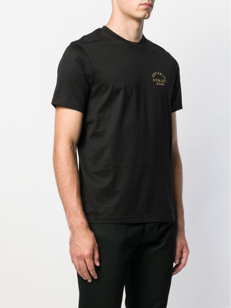 Black Men's Armani Emporio Logo Embroidered T Shirts | UEASLM4