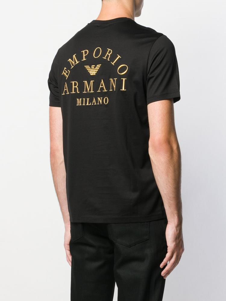 Black Men's Armani Emporio Logo Embroidered T Shirts | UEASLM4