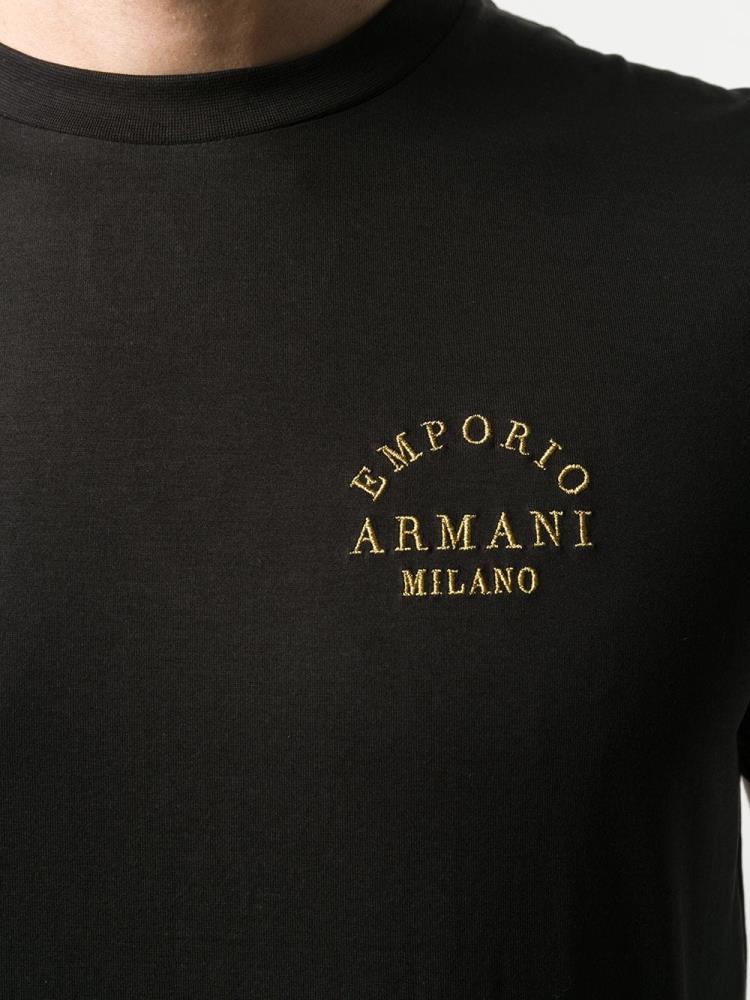 Black Men's Armani Emporio Logo Embroidered T Shirts | UEASLM4