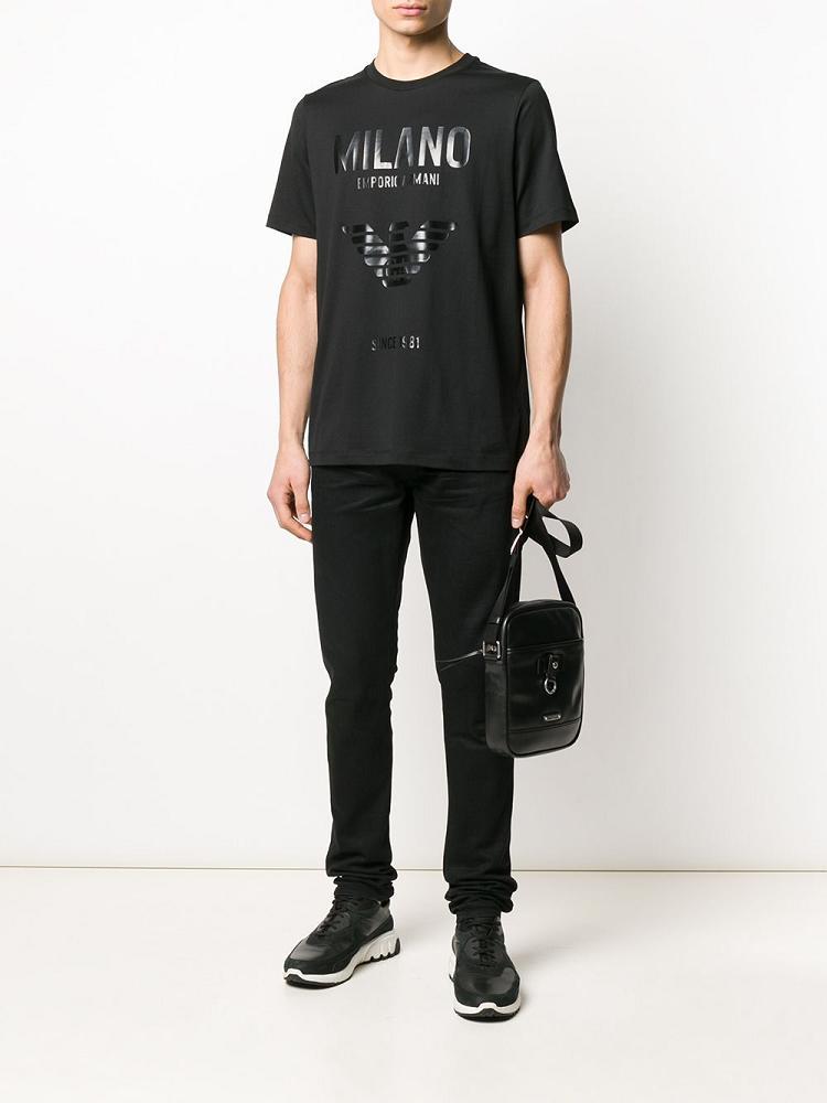 Black Men's Armani Emporio Logo Print T Shirts | MRJGHJI