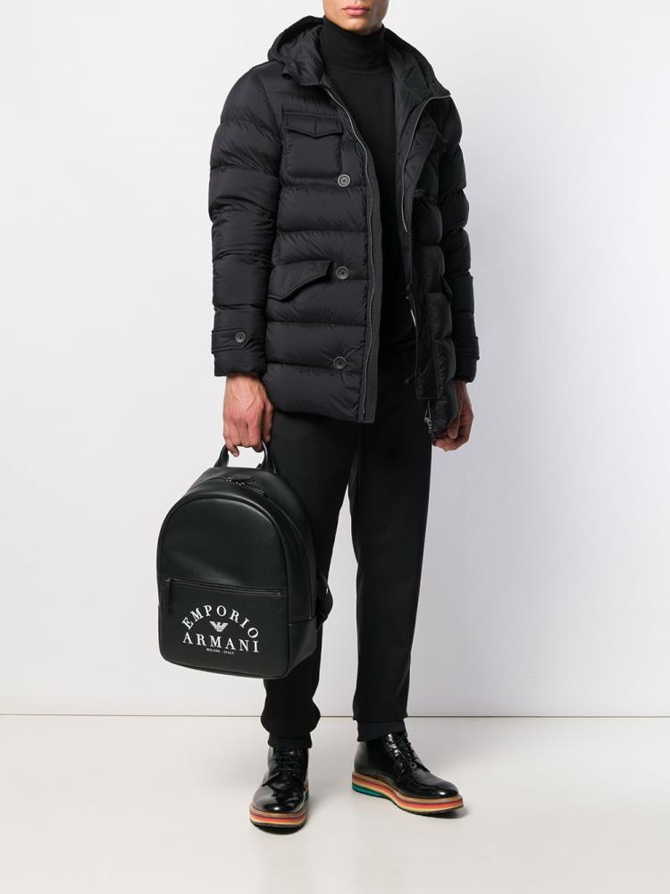 Black Men's Armani Emporio Logo Print Backpacks | YDQXKMS