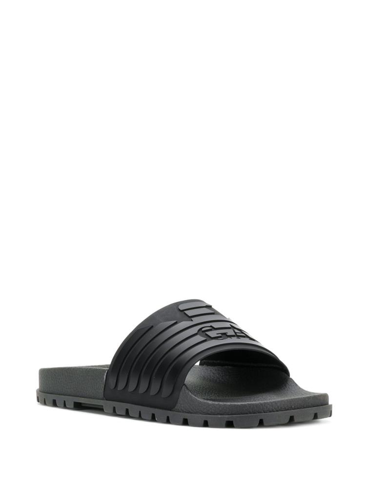 Black Men's Armani Emporio Ribbed Logo Slides | QA5F7OA