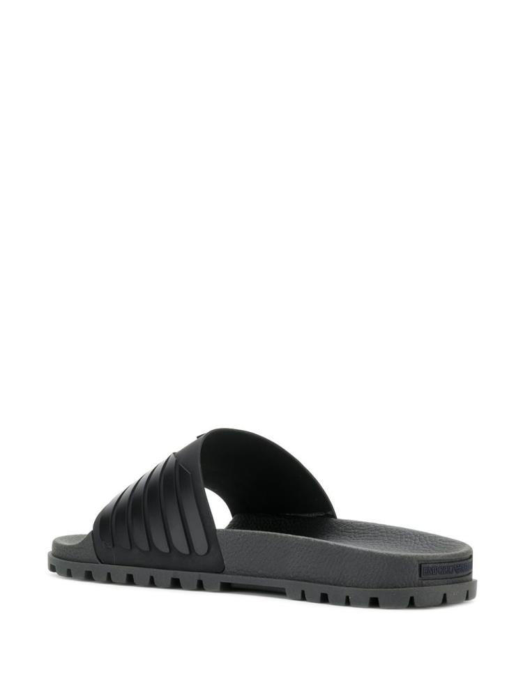 Black Men's Armani Emporio Ribbed Logo Slides | QA5F7OA