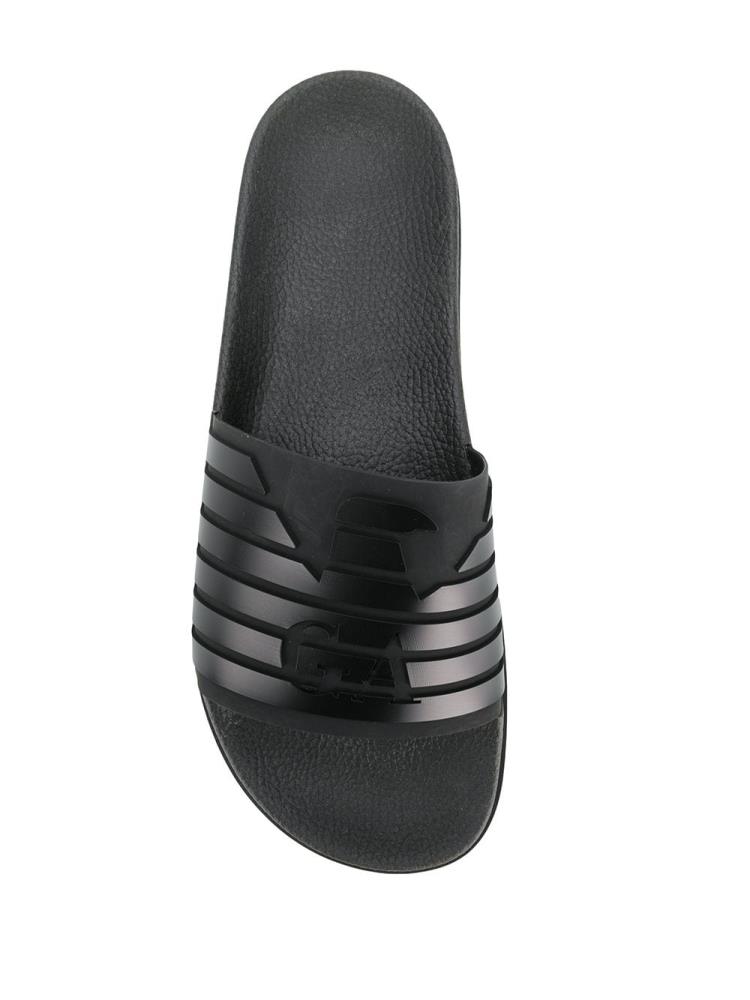 Black Men's Armani Emporio Ribbed Logo Slides | QA5F7OA