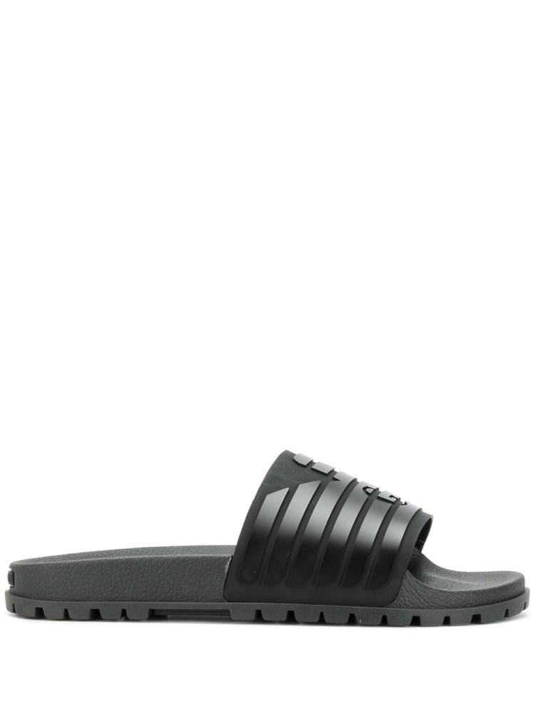 Black Men\'s Armani Emporio Ribbed Logo Slides | QA5F7OA