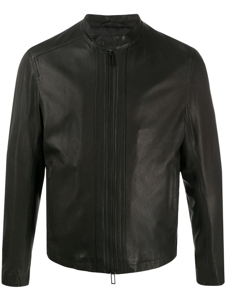 Black Men\'s Armani Emporio Slim Fit Leather Jackets | 8PZVJAT