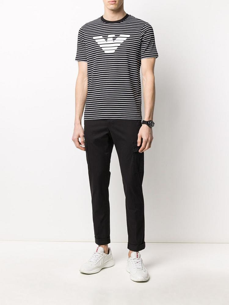 Black Men's Armani Emporio Striped Logo Print T Shirts | WX13BOH