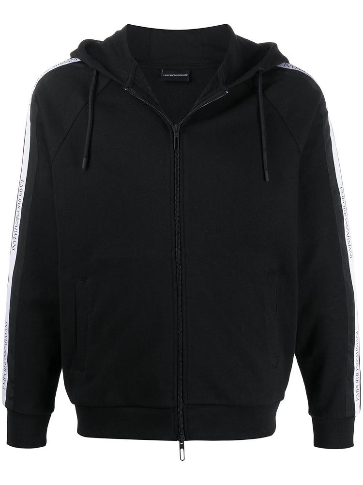 Black Men\'s Armani Emporio Zipped Logo Stripe Hoodie | 2VBFET8