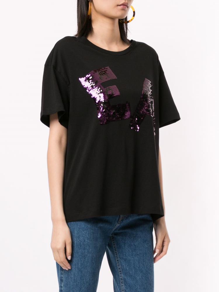 Black / Purple Women's Armani Emporio Sequinned Logo Boxy T Shirts | DKSLT9Y