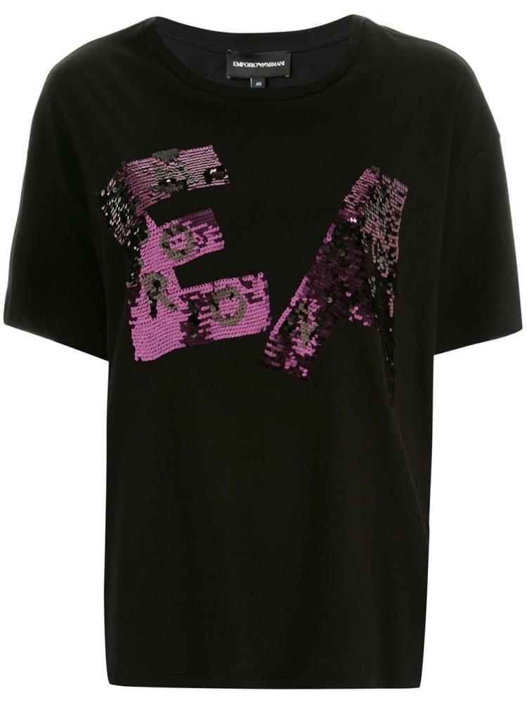 Black / Purple Women\'s Armani Emporio Sequinned Logo Boxy T Shirts | DKSLT9Y