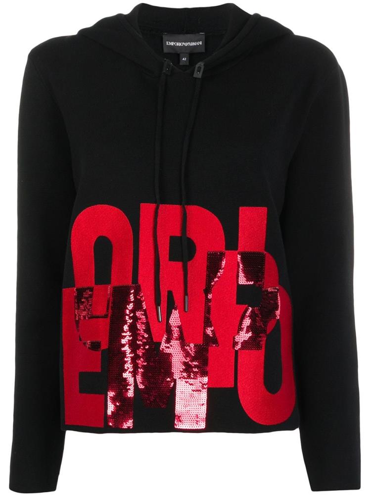 Black / Red Women\'s Armani Emporio Sequin Logo Hoodie | NFPKKS5