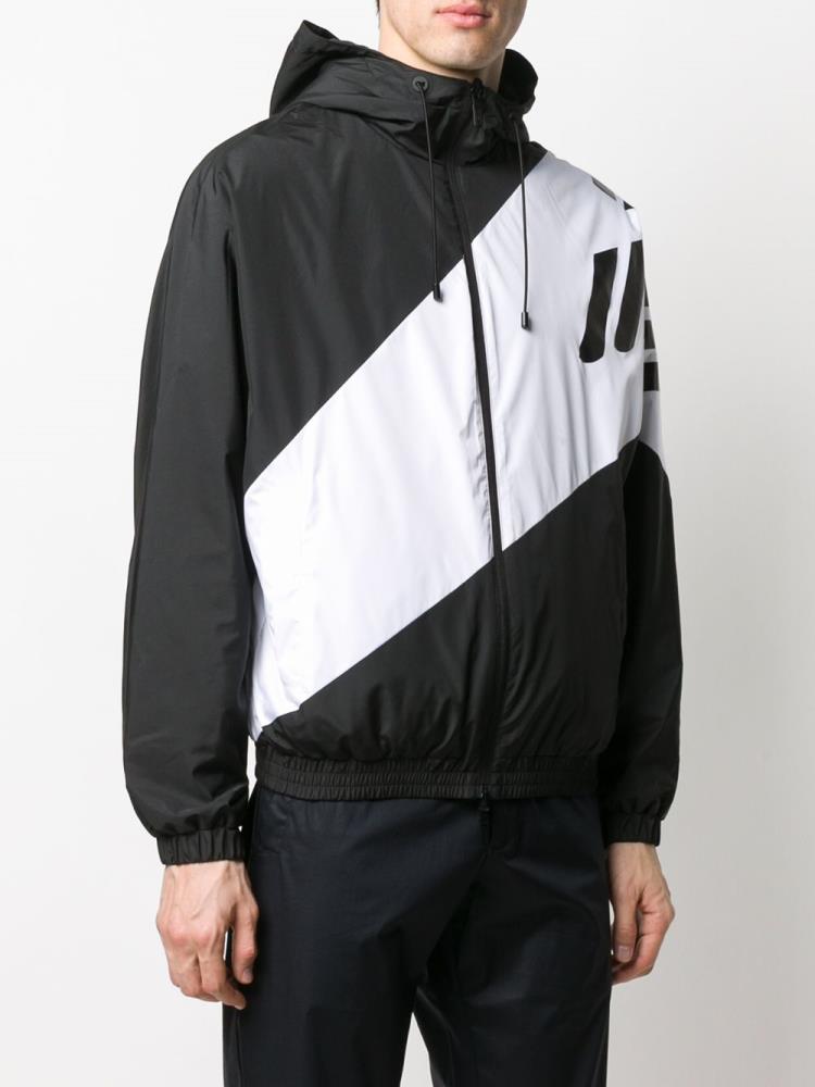 Black / White Men's Armani Emporio Colour Block Logo Print Windbreaker Coats | 2LC6O6A