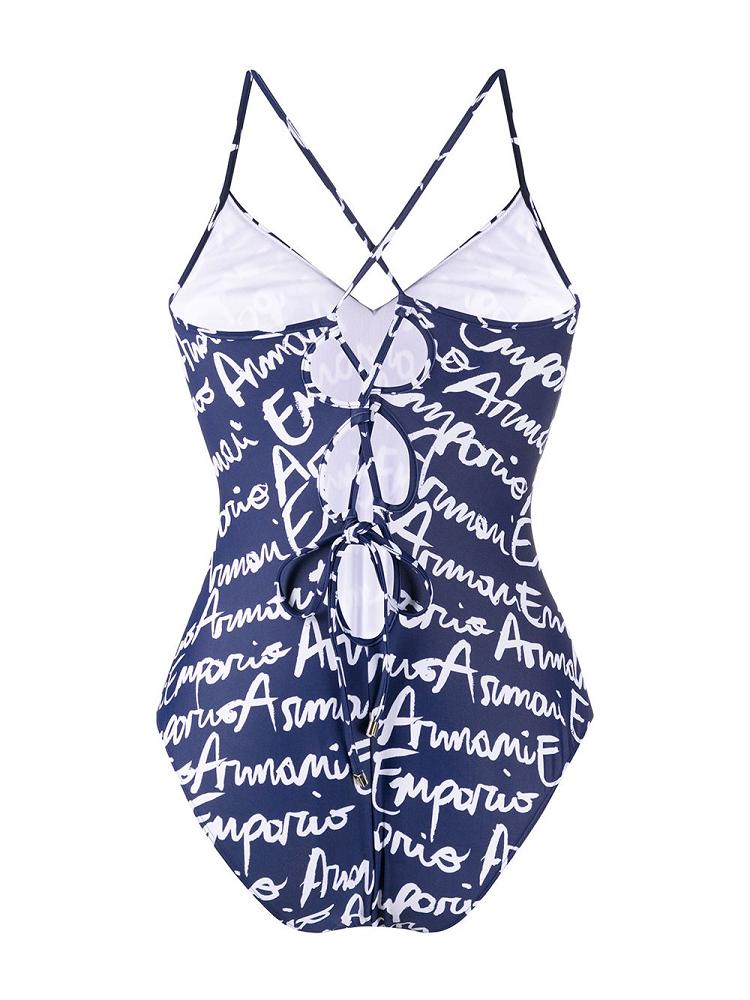 Black / White Women's Armani Emporio Logo Print Crisscross Back Swimsuits | 1AFWBM2