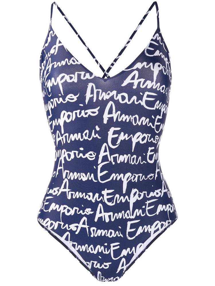 Black / White Women\'s Armani Emporio Logo Print Crisscross Back Swimsuits | 1AFWBM2