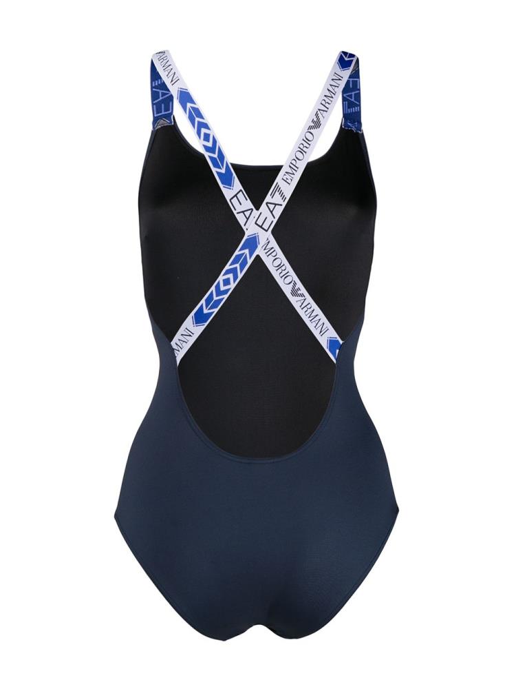 Black Women's Ea7 Emporio Armani Logo Strap One Piece Swimsuits | EMN31VL