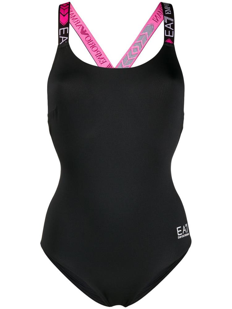 Black Women\'s Ea7 Emporio Armani Logo Strap One Piece Swimsuits | UV5FZPD