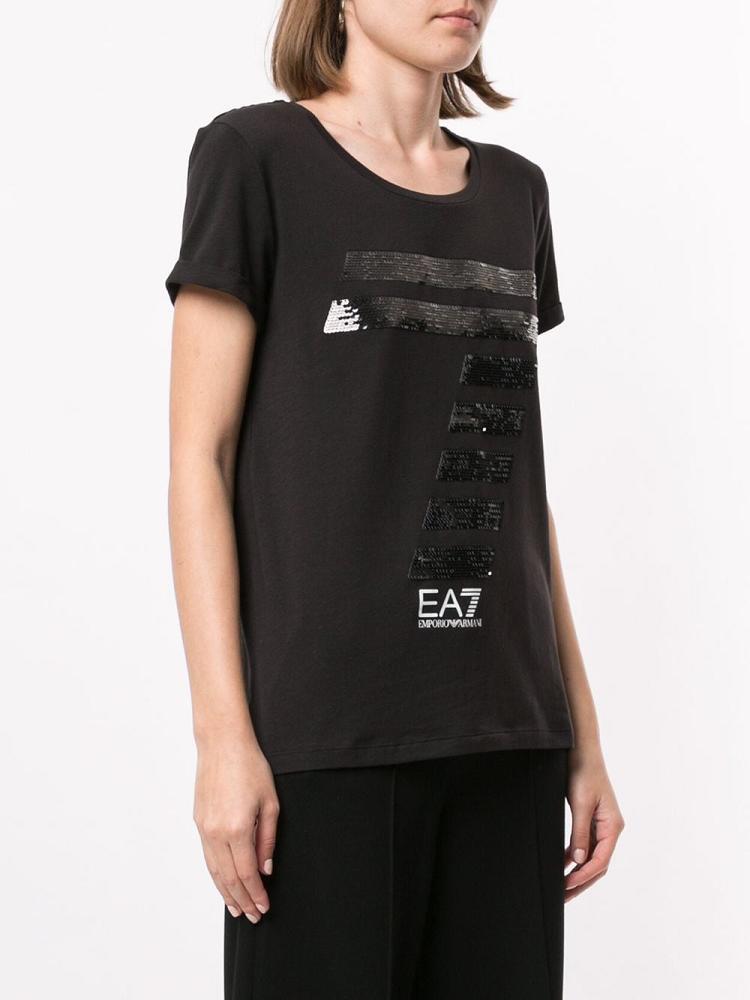 Black Women's Ea7 Emporio Armani Sequinned 7 Logo T Shirts | YWVG3S2