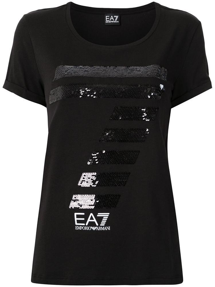 Black Women\'s Ea7 Emporio Armani Sequinned 7 Logo T Shirts | YWVG3S2