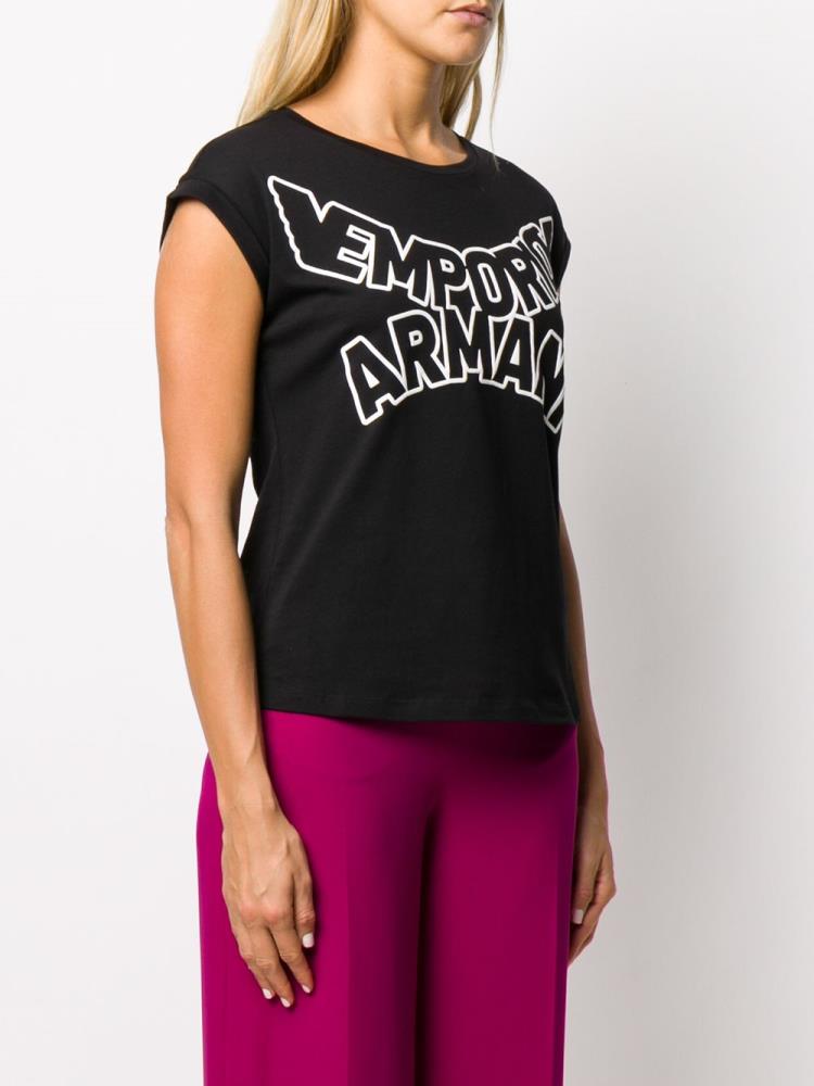 Black Women's Armani Emporio Enlarged Logo Print T Shirts | FAOMW0Z