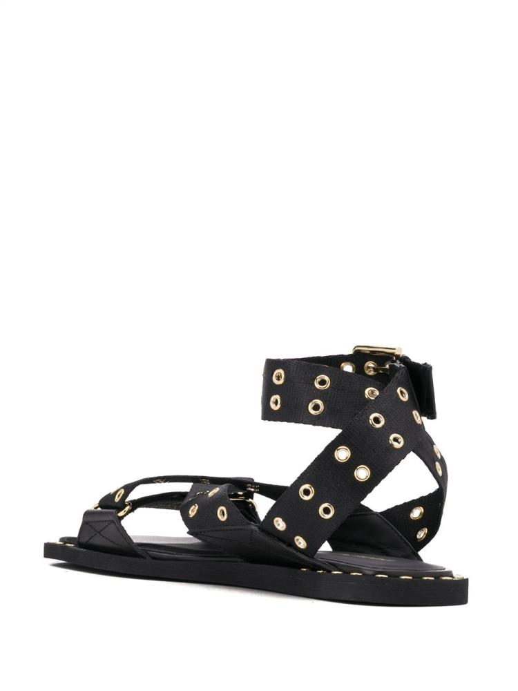 Black Women's Armani Emporio Eyelet Stud Strap Sandals | JVER8YB