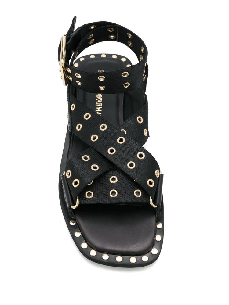 Black Women's Armani Emporio Eyelet Stud Strap Sandals | JVER8YB