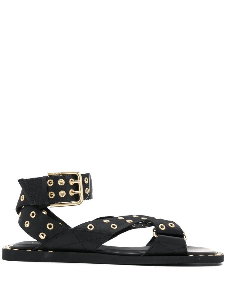 Black Women\'s Armani Emporio Eyelet Stud Strap Sandals | JVER8YB