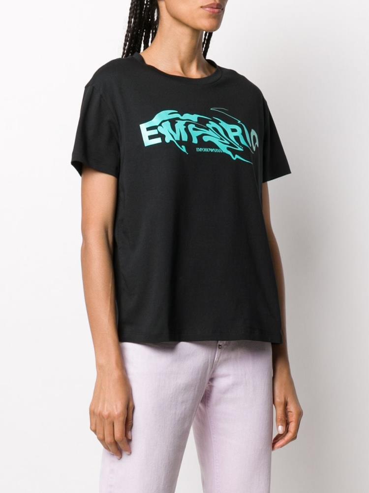 Black Women's Armani Emporio Fluid Logo Print T Shirts | QXFMVYB