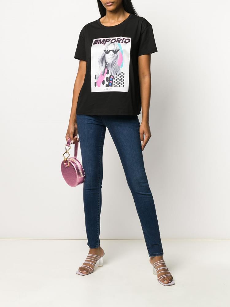 Black Women's Armani Emporio Logo Print T Shirts | AQJ2Y9F